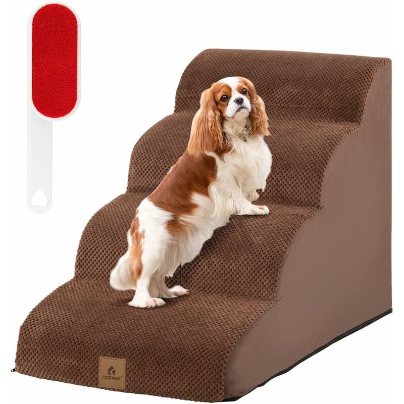 Escalier pour Chien Chat à 4 Marches, Échelle pour Chien en Éponge de Haute Densité, Rampe Élargie pour Chien Teckel en Pente Douce, avec Brosse et