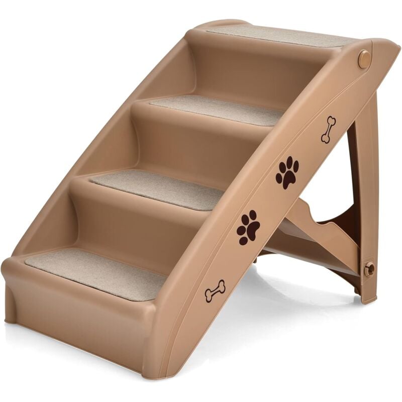 Escalier pour Chien Pliant à 4 Marches en Plastique Charge 60KG 64 x 39 x 49 cm Feutre Doux Chiens et Chats Café - Costway