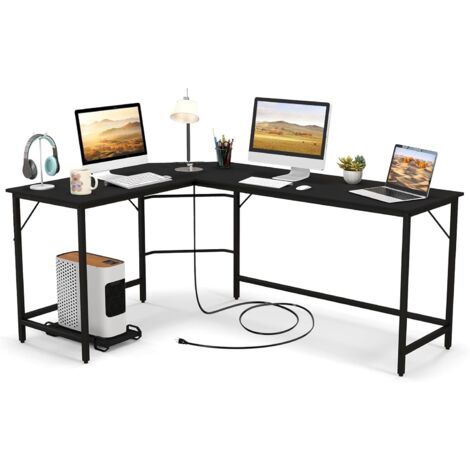COSTWAY Escritorio Esquinero con Toma de Corriente, 168x125 cm, Escritorio en L Grande con Soporte para CPU, Marco de Metal, Mesa en L Oficina (Negro)