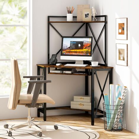 COSTWAY Escritorio para Computadora con Estantes, Escritorio de Esquina Ahorra Espacio con Bandeja para Teclado, Mesa Triangular para Oficina con Marco de Metal para Hogar Oficina (Marrón + Negro)