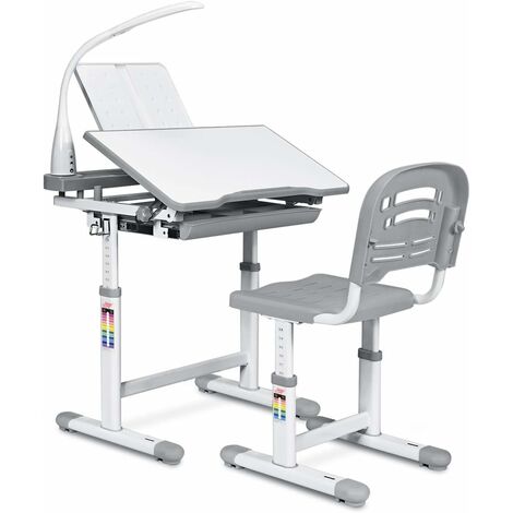 COSTWAY Escritorio para Niños con Lámpara Silla Mesa de Dibujar Lectura para Infantil Ángulo y Altura Ajustable Gris