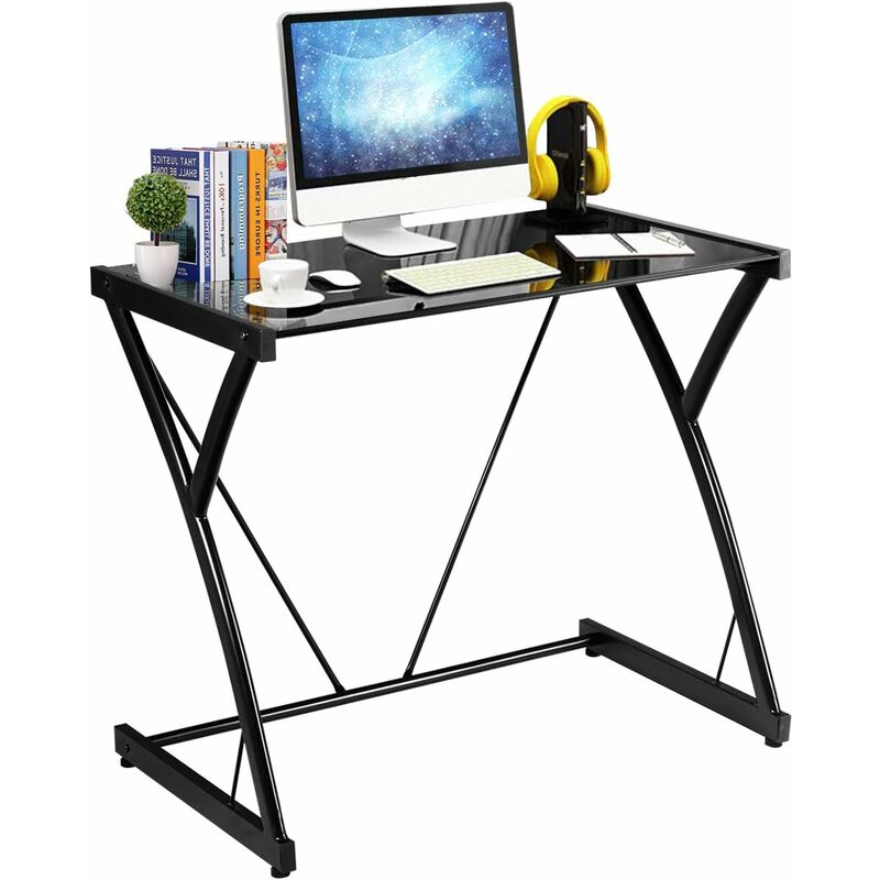 

Escritorio para Ordenador con Forma de Z, Escritorio Ergonómico con Superficie de Vidrio Templado - Costway