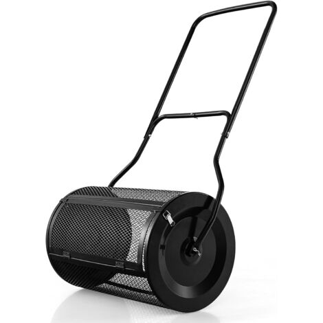 COSTWAY Esparcidor de Compost de 60,5 cm, Esparcidor de Turba con Mango en Forma de U Mejorado, Cierres Laterales, Rodillo de Malla de Metal Resistente para Fertilización y Siembra (Negro)