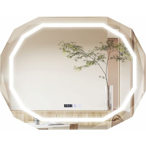 COSTWAY Espejo de Pared LED de 91 x 71cm, Espejo con 3 Luces de Color y Función de Memoria, Lectura de Tiempo y Temperatura, Espejo Elíptico HD Inastillable para Baño