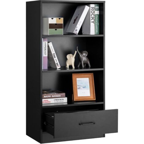 COSTWAY Estantería de 4 Niveles, Estantería de Madera con Cajón de Almacenamiento, Estantería con Dispositivo Antivuelco, Estantería de Exposición para la Organización del Hogar