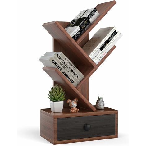 COSTWAY Estantería de Árbol de 5 Niveles con Cajón, Librero de Pie de Árbol, Organizador de Utilidades Pequeño, Soporte de Almacenamiento para CDs, Revistas y Libros, 30 x 17,5 x 60 cm (marrón)