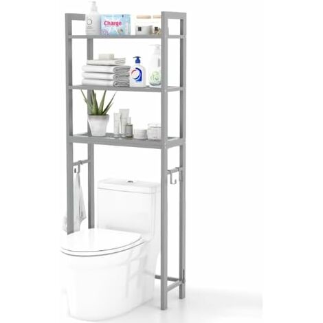 COSTWAY Estantería de Baño sobre Inodoro, Organizador de Metal para el Baño Que Ahorra Espacio con 3 Ganchos, Estantería de 3 Niveles Encima Inodoro Lavadero (Gris)