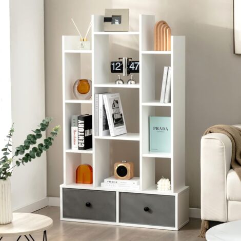 COSTWAY Estantería Librería de 12 Niveles con Cajón, Estabtería de Madera con 12 Compartimentos, Estudio, Sala de Estar, Dormitorio, 80 x 24 x 132cm (Blanco)