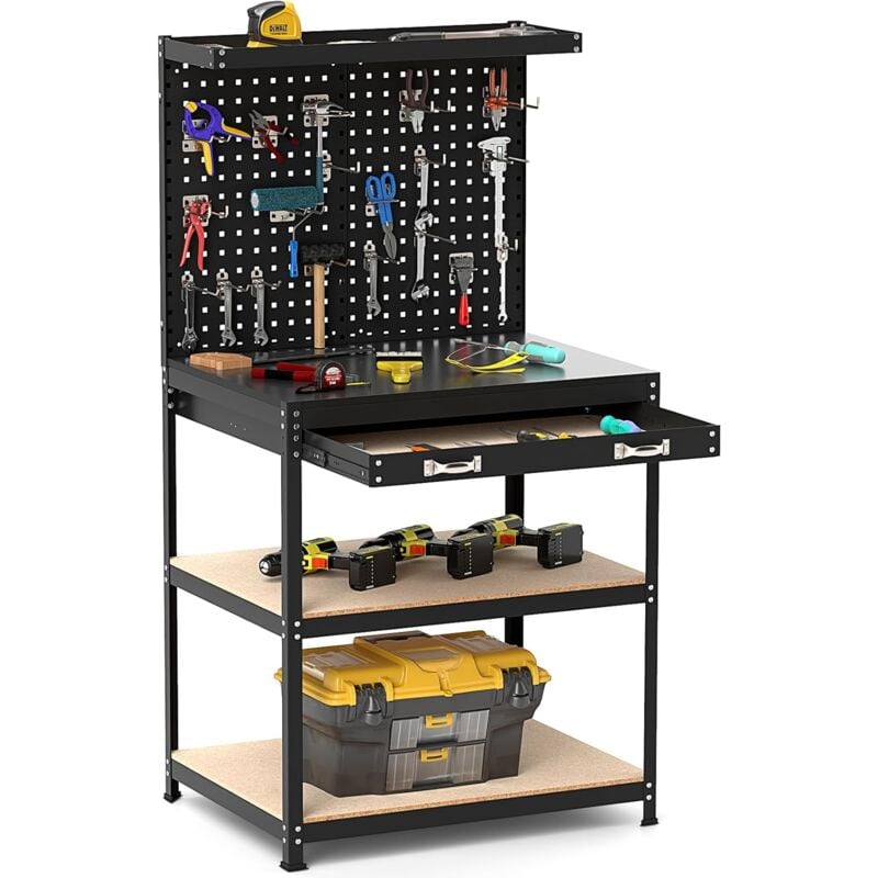 Tabli Atelier Garage avec Étagères et Tiroirs 2 Panneaux Perforés, Table de Travail Cadre en Métal avec 20 Crochets de Suspension pour Garage Atelier
