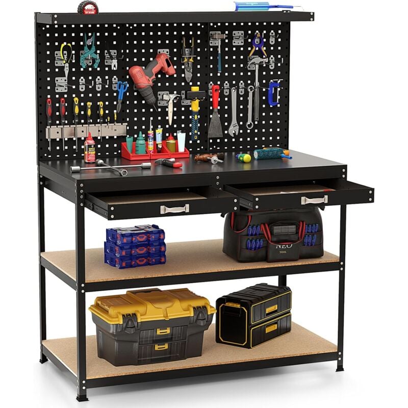 Tabli Atelier Garage avec Étagères Tiroirs 3 Panneaux Perforés, Table de Travail Cadre en Métal avec 24 Accessoires de Suspension pour Garage Atelier