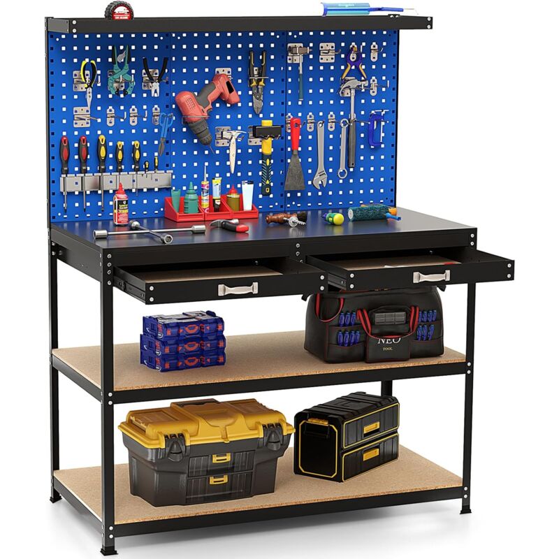 Tabli Atelier Garage avec Étagères Tiroirs 3 Panneaux Perforés, Table de Travail Cadre en Métal avec 24 Accessoires de Suspension pour Garage Atelier