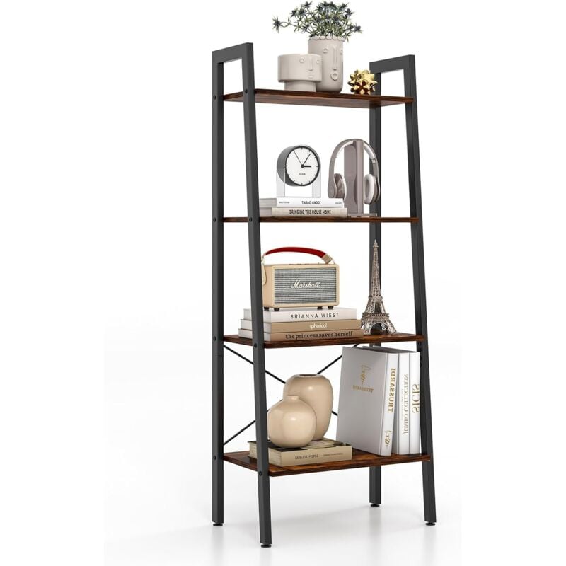 Costway - tagère à 4 Niveaux, Bibliothèque Étagère de Rangement avec Cadre en Métal, Style Industriel, Repose-Pieds Réglables, pour Salon, Bureau,