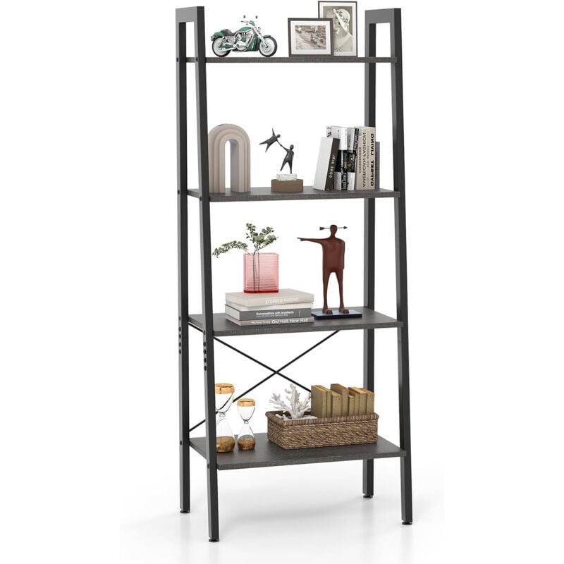 Costway - tagère à 4 Niveaux, Bibliothèque Étagère de Rangement avec Cadre en Métal, Style Industriel, Repose-Pieds Réglables, pour Salon, Bureau,