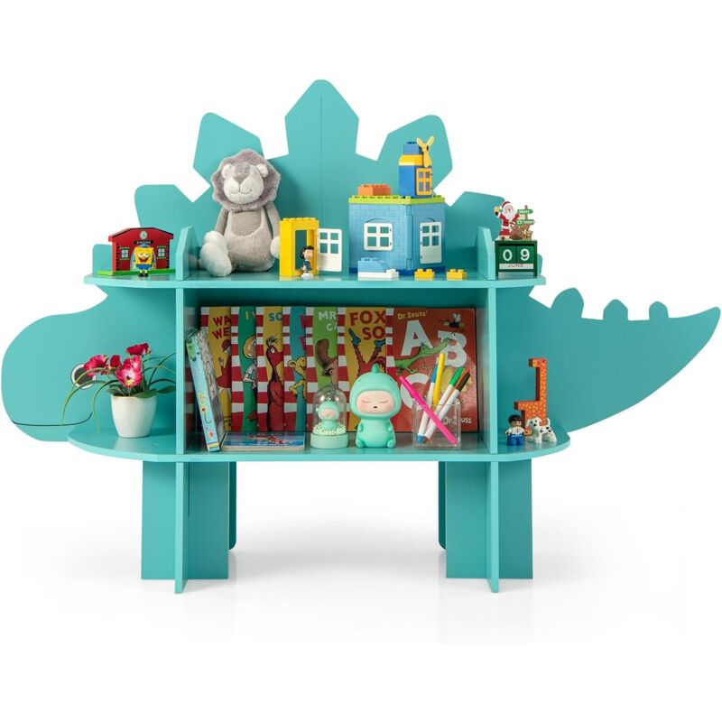 Tagère à Livres Enfant à 2 Niveaux en Forme Dinosaure avec Étagères Ouvertes, Bibliothèque Enfant avec Dispositif Anti-Basculement, Charge 30kg pour