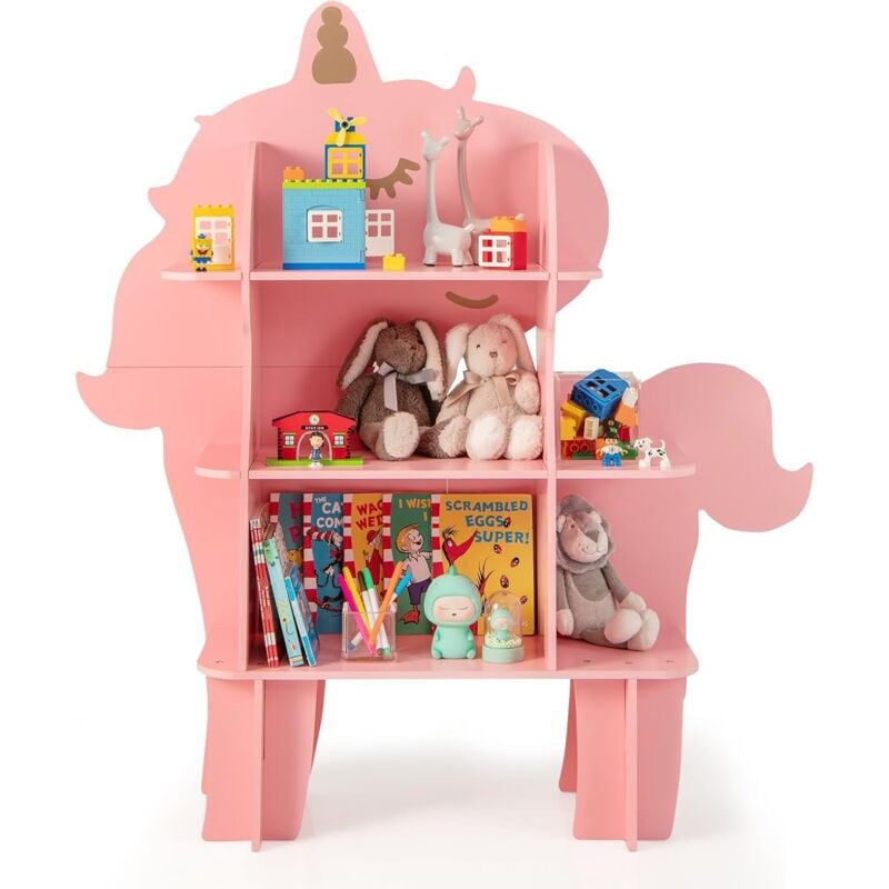Tagère à Livres Enfant à 3 Niveaux en Forme Unicorne avec Étagères Ouvertes, Bibliothèque Enfant avec Dispositif Anti-Basculement, Charge 90kg pour