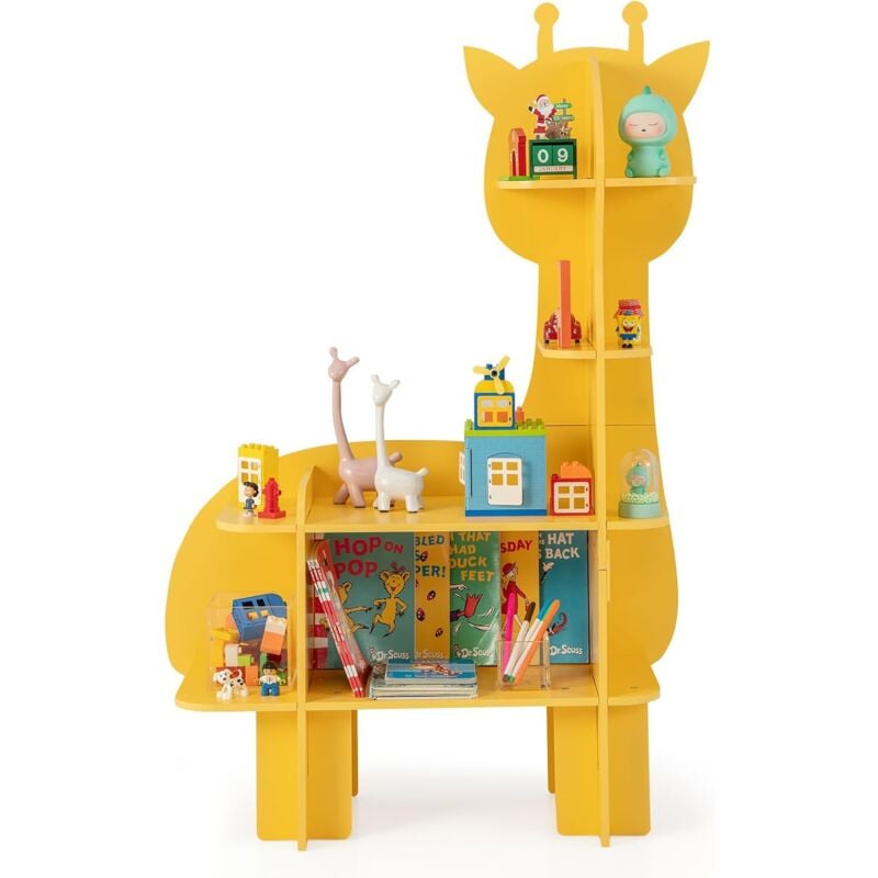Tagère à Livres Enfant à 4 Niveaux en Forme Girafe avec Étagères Ouvertes, Bibliothèque Enfant avec Dispositif Anti-Basculement, Charge 70kg pour