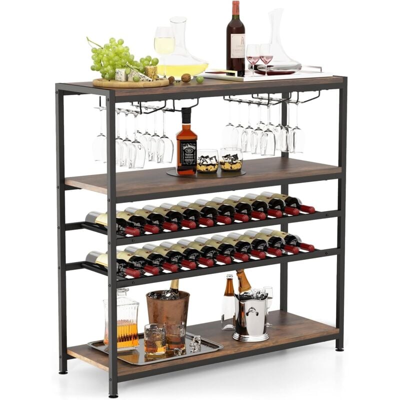 Costway - tagère à Vin 22 Bouteilles, Meuble de Bar Autoportant avec 2 Casiers à Vin et 4 Porte-Verres, Style Industriel, Porte-Bouteille pour Cave,