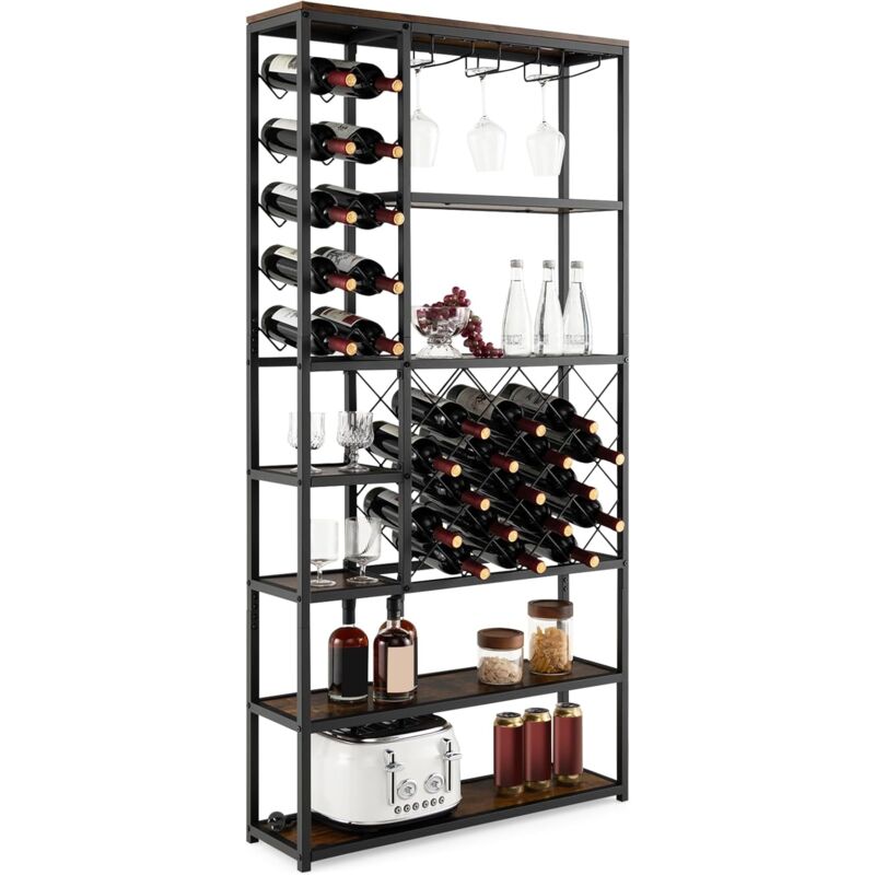 COSTWAY Étagère à vin 27 Bouteilles, Casier à Vin Style Industriel avec 3 Rangées pour Verres à Pied, Différents Rangements à 6 Niveaux,
