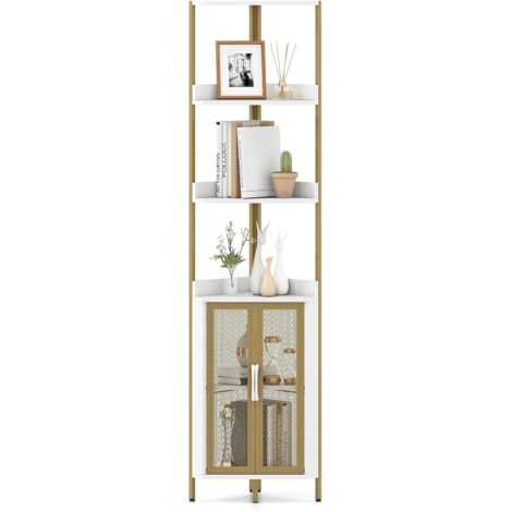 COSTWAY Étagère Angle, Bibliothèque avec Étagères Ouvertes et Placard, Double Porte en Grille, Kits Anti-Basculement, Style Industriel, Meuble de Rangement pour Salon, Chambre (Blanc)