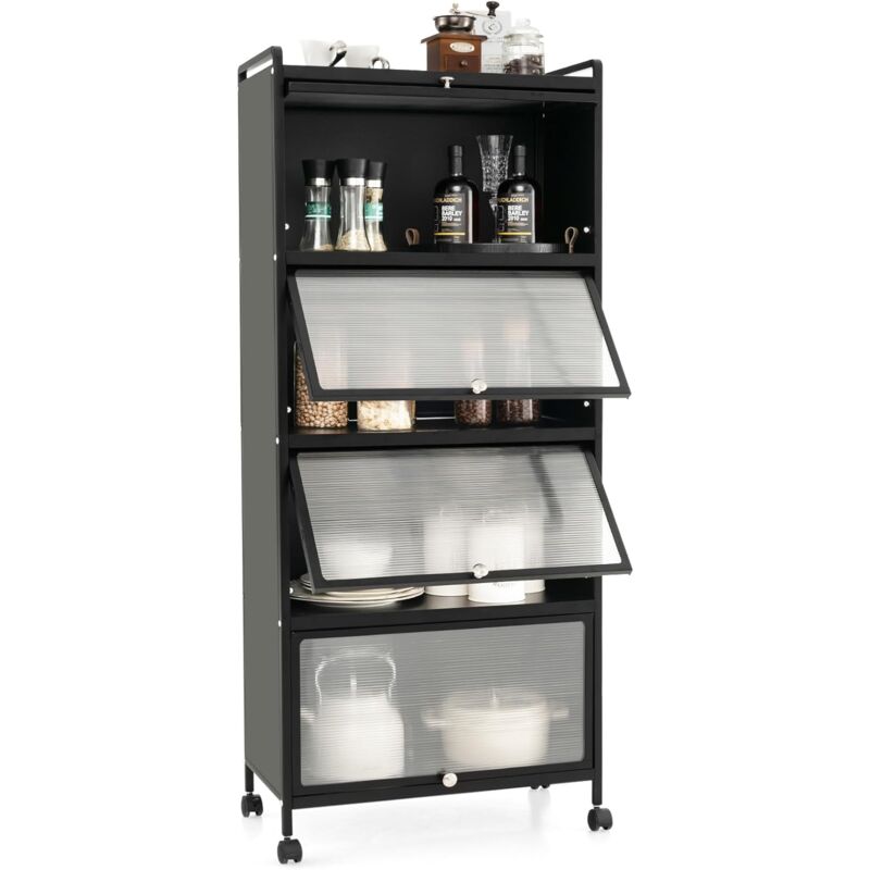 Tagère Cuisine 5 Niveaux, Armoire de Cuisine 4 Portes pc Escamotables avec 4 roulettes, Étagère Micro-Ondes pour Salle à Manger, Salon, 60 x 32 x 154