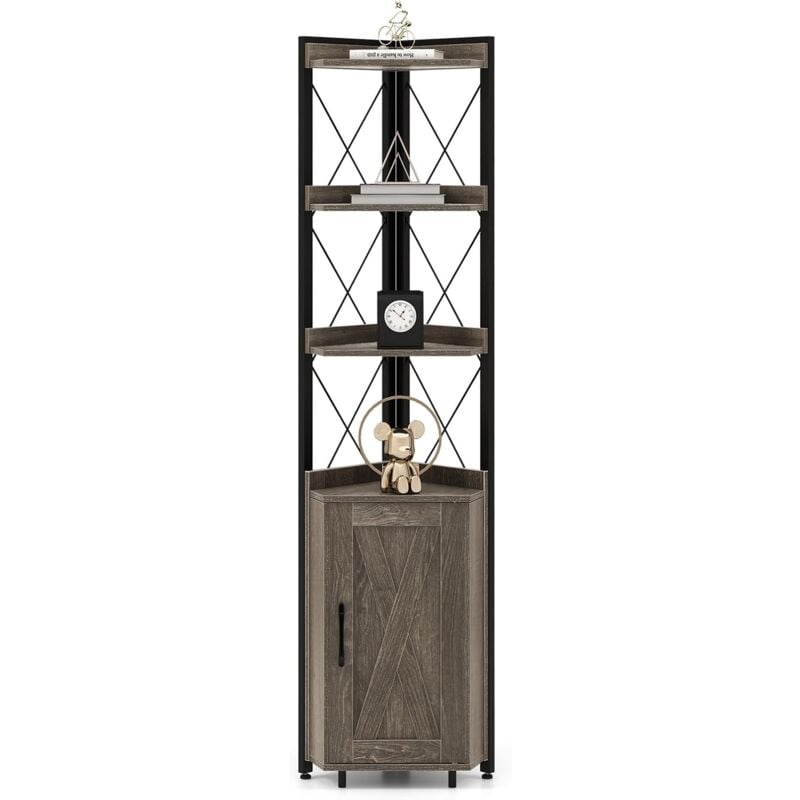 Costway - tagère d'Angle 6 Niveaux avec Armoire à Porte, Bibliothèque Angle Kit Anti-basculement Inclu, Étagère de Rangement Industriel pour Salon,