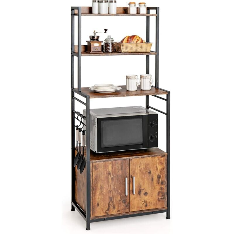 COSTWAY Étagère de Cuisine à 4 Niveaux, 60 x 40 x 150 CM, Desserte pour Four à Micro-ondes avec Crochets en S, Style Industriel