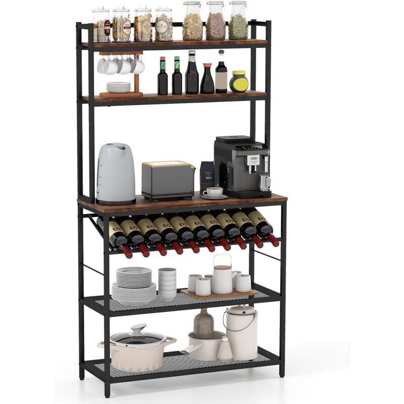 Costway - tagère de Cuisine à 6 Niveaux, Support pour Micro-Ondes Autoportant, Porte-Bouteille de Vin Incliné, 2 Étagères en Maille, Style