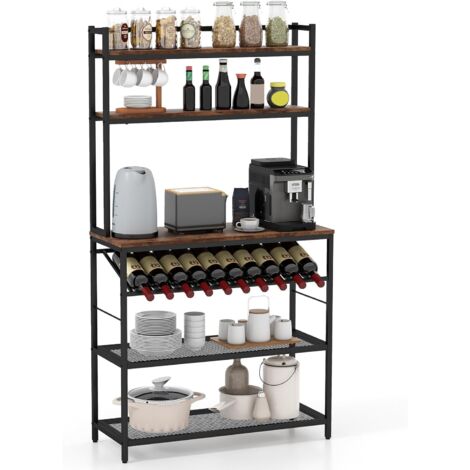 COSTWAY Étagère de Cuisine à 6 Niveaux, Support pour Micro-Ondes Autoportant, Porte-Bouteille de Vin Incliné, 2 Étagères en Maille, Style Industriel, pour Cuisine, Salle à Manger, Marron Rustique