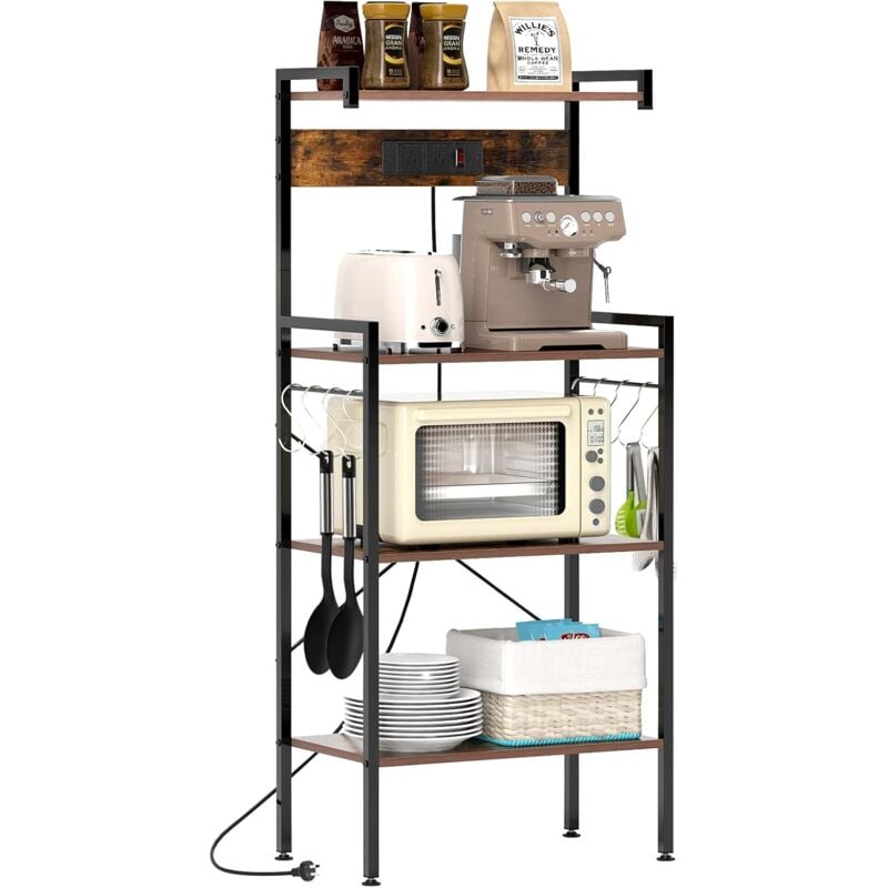 Costway - tagère de Cuisine avec Multiprise, Support pour Micro-Ondes 4 Niveaux avec 8 Crochets, Station de Bar à Café pour Cuisine, Salle à Manger,