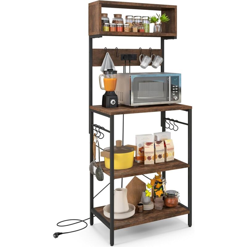 Costway – Étagère de cuisine 42 x 60 x 153 cm – 5 niveaux de rangement – Prise de courant intégrée – 10 crochets amovibles – Cadre en acier marron