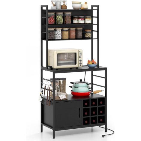 COSTWAY Étagère de Cuisine avec Prises de Courant, Armoire de Bar à Café avec Crochets, Porte-Bouteilles de Vin, Cadre en Métal Robuste, Support pour Micro-Ondes, pour Cuisine (Noir)