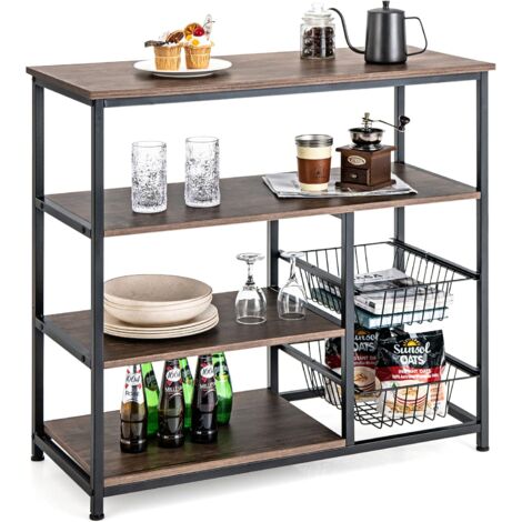 COSTWAY Étagère de Cuisine Industrielle, Support de Four à Micro-Ondes avec 2 Paniers en Fil Métallique, Structure en Acier Massif, Étagère de Rangement Utilitaire pour Pots à Épices, Marron Rustique