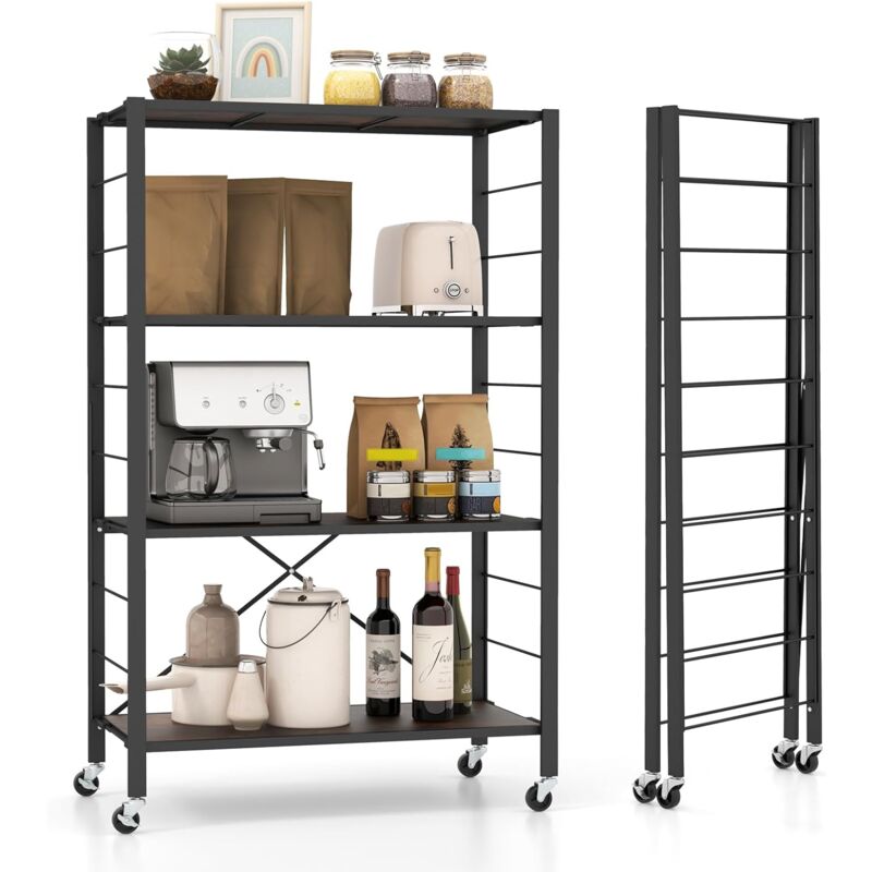 Costway - tagère de Cuisine Pliable à 4 Niveaux, Étagère Garage Autoportante avec Roues, Étagère Amovible Personnalisable, Etagère de Rangement pour