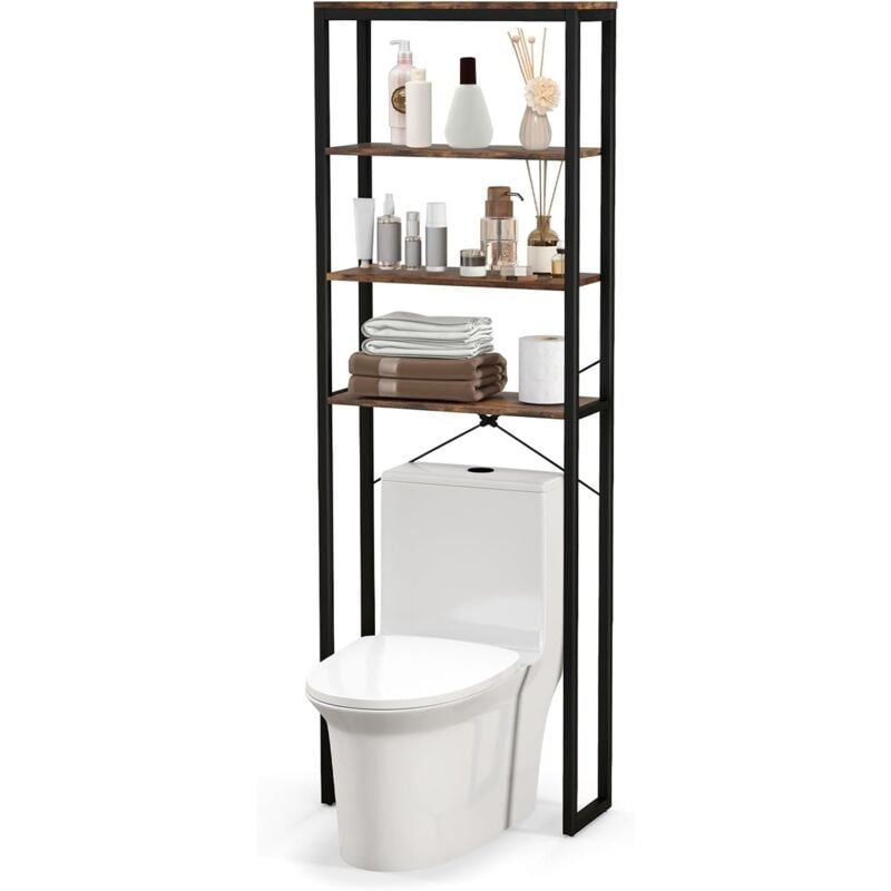 COSTWAY Étagère de Rangement Au-Dessus des Toilettes, Meuble WC 4 Niveaux, en Bois, Cadre en Métal, Kits Anti-basculement, Pieds Réglables, pour