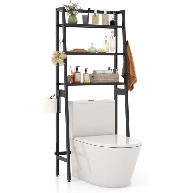 Tagère de Rangement au-Dessus des Toilettes, Meuble wc à 3 Niveaux, Porte-Papier & 2 Crochets Latéraux, Barre Inférieure Réglable, Cadre en Métal,