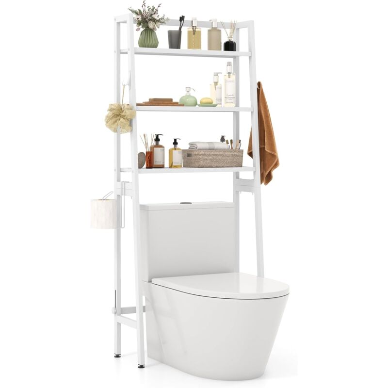 Tagère de Rangement au-Dessus des Toilettes, Meuble wc à 3 Niveaux, Porte-Papier & 2 Crochets Latéraux, Barre Inférieure Réglable, Cadre en Métal,