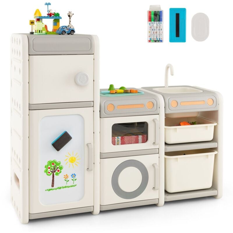 Tagère de Rangement Jouet en Forme Cuisine avec Tableau Blanc & Évier Amovible, Meuble de Rangement Jouet en hdpe avec 4 Armoires & 2 Bacs,
