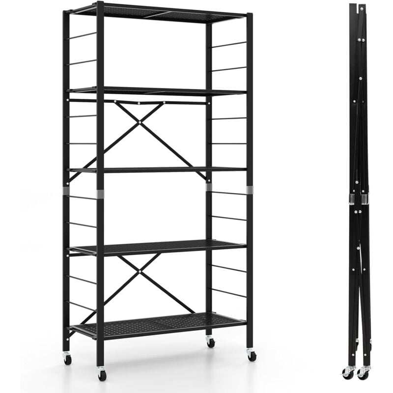Tagère de Rangement Pliante à 5 Niveaux, Étagère Garage Autoportante avec Roues, Étagère Amovible Personnalisable, Etagère de Rangement pour Garage,