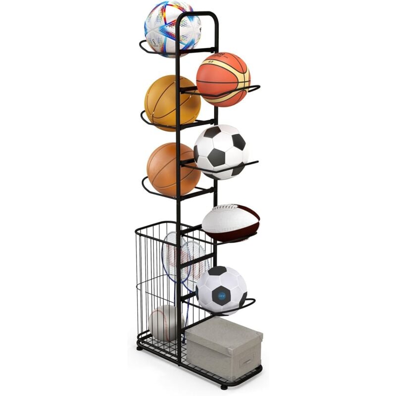 Tagère de Rangement pour Balles à 7 Niveaux, Support de Basket-Ball en Métal avec 7 Tiges Amovibles et Panier Latéral, Organisateur d'Équipement