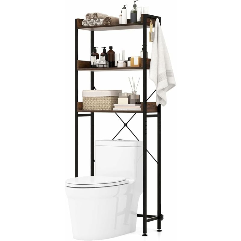 Tagère de Salle de Bain, Meuble wc Au-Dessus des Toilettes à 3 Niveaux, 4 Crochets, Barre Inférieure Réglable, Meuble de Rangement Cadre en Métal, 24