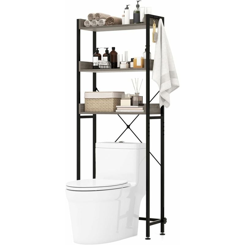 Tagère de Salle de Bain, Meuble wc Au-Dessus des Toilettes à 3 Niveaux, 4 Crochets, Barre Inférieure Réglable, Meuble de Rangement Cadre en Métal, 24