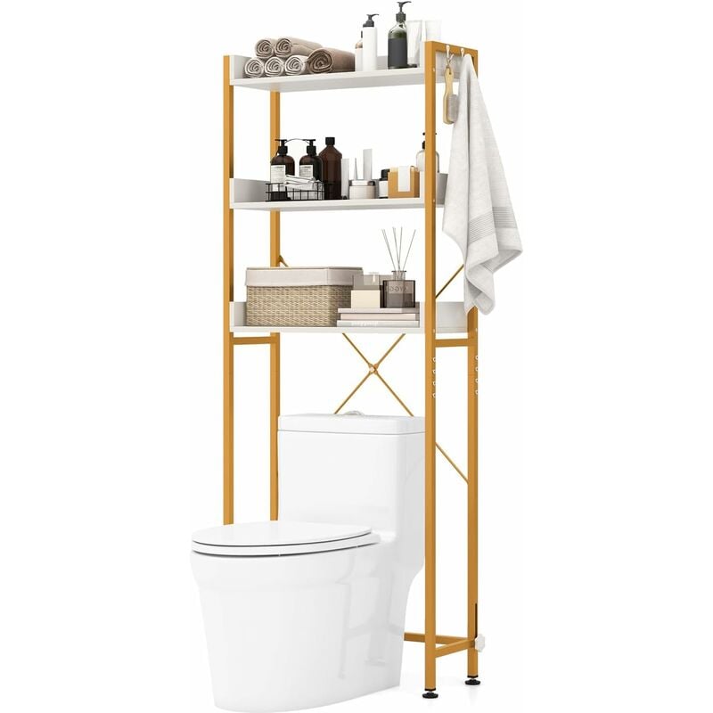 Tagère de Salle de Bain, Meuble wc Au-Dessus des Toilettes à 3 Niveaux, 4 Crochets, Barre Inférieure Réglable, Meuble de Rangement Cadre en Métal, 24