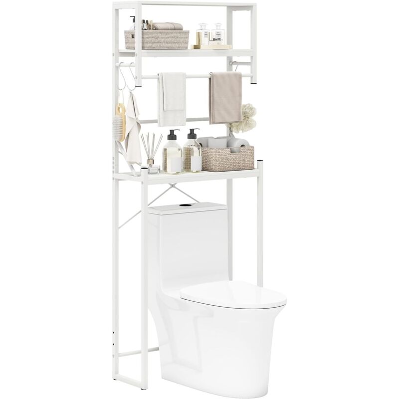 COSTWAY Étagère de Toilette, Meuble WC, 3 Niveaux, Étagère de Salle de Bain, Rangement au-Dessus des Toilettes avec Porte-Serviettes, 3 Crochets,