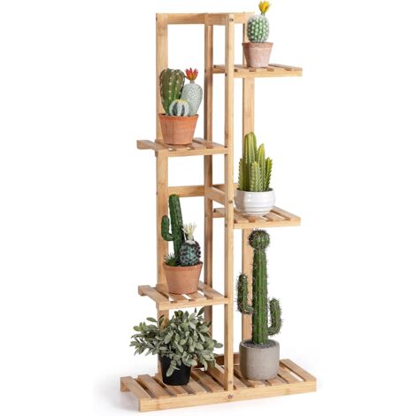 COSTWAY Étagère pour Fleurs en Bambou 5 Niveaux Autoportante 6 Pots avec Dispositif Anti-basculement Intérieur/Extérieur Naturel