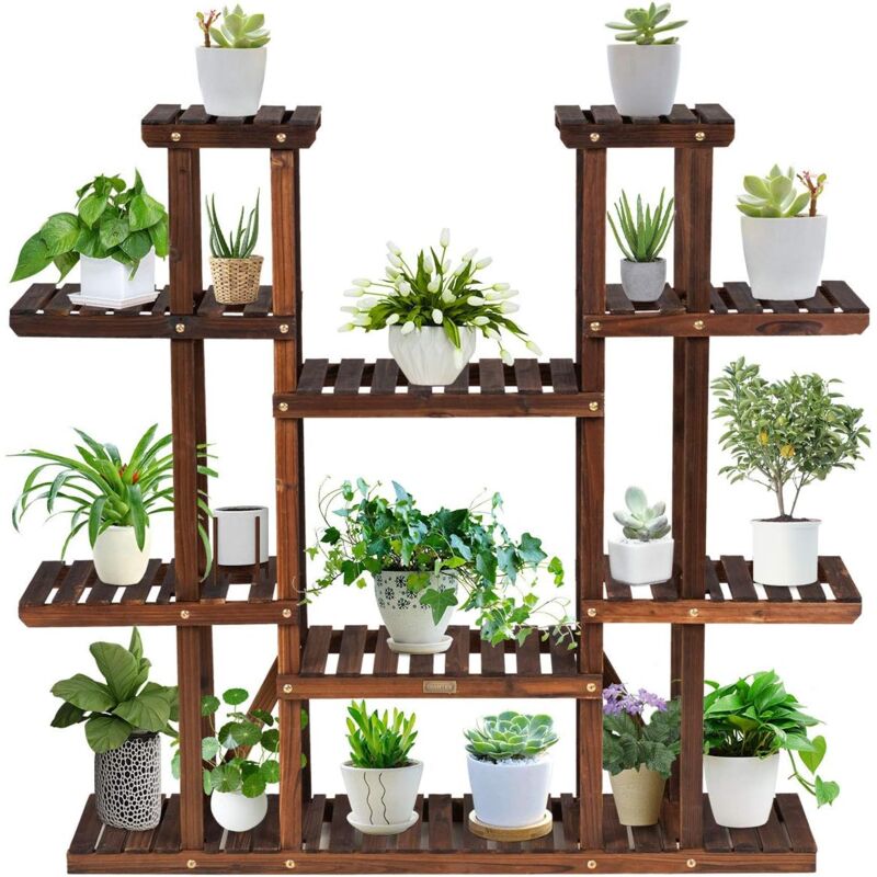 Costway - tagère pour Plantes en Bois 9 Tablettes pour 18 Pots Porte Pot de Fleurs 125 x 25 x 114 cm Charge 10KG par Niveau Terrasse Jardin Balcon