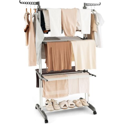 Costway – Étendoir à linge pliable 3 niveaux – Métal antirouille – 8 tiges de suspension – 2 porte-cintres – Roulettes pour déplacement facile