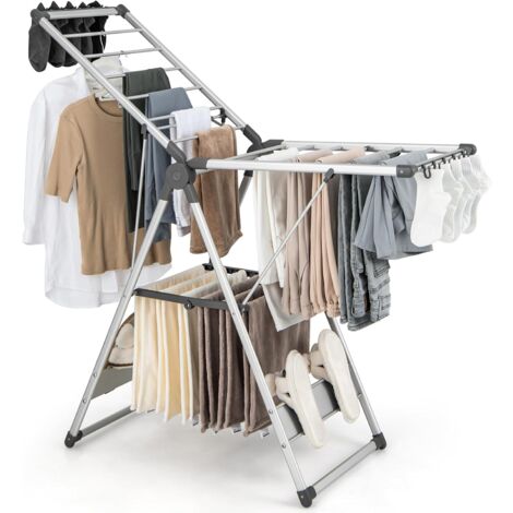 Costway – Étendoir à linge pliable en alu 2 niveaux – 21 barres – 4 porte-chaussures – 10 pinces – Dimensions 140 x 48 x 81-130 cm