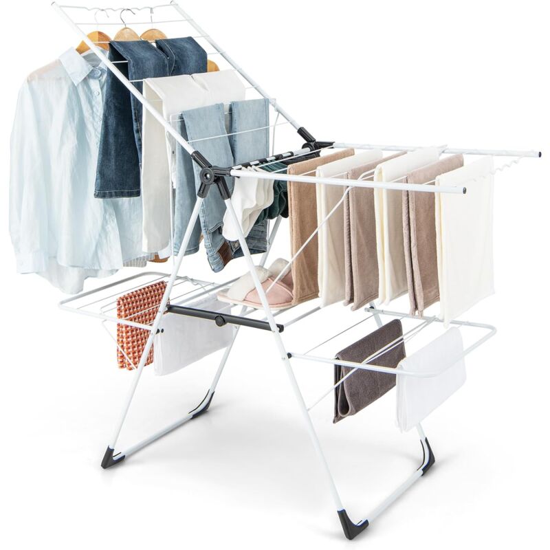 Etendoir Linge Interieur Pliable, Sechoir a Linge 2 Niveaux en Métal, 33 Barres, 4 Ailes Réglables, Pinces à Chaussettes, Seche Linge Intérieur
