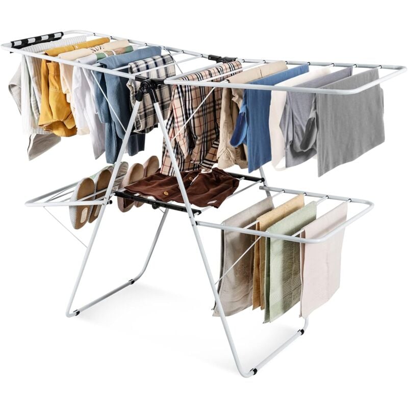 Tendoir Linge Intérieur, Sechoir à Linge Pliable en Acier 2 Niveaux, Tancarville Linge Solide avec 33 Barres, 26 Pinces à Chaussettes, Seche Linge