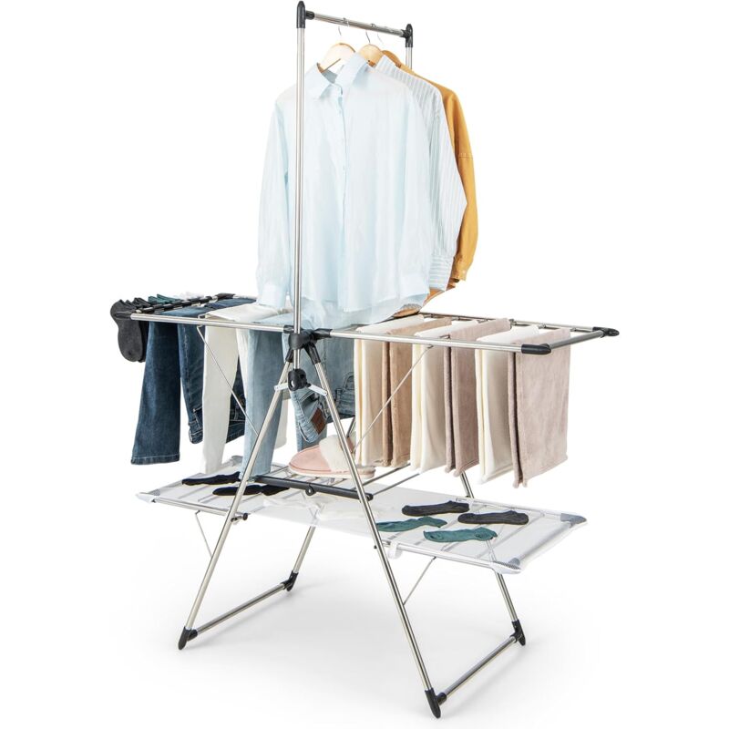 Tendoir Linge Intérieur, Sechoir à Linge Pliable en Acier Inox, Cintre Haut 182 cm, Grand Filet de Séchage, Tancarville Linge Solide Réglable 70-140